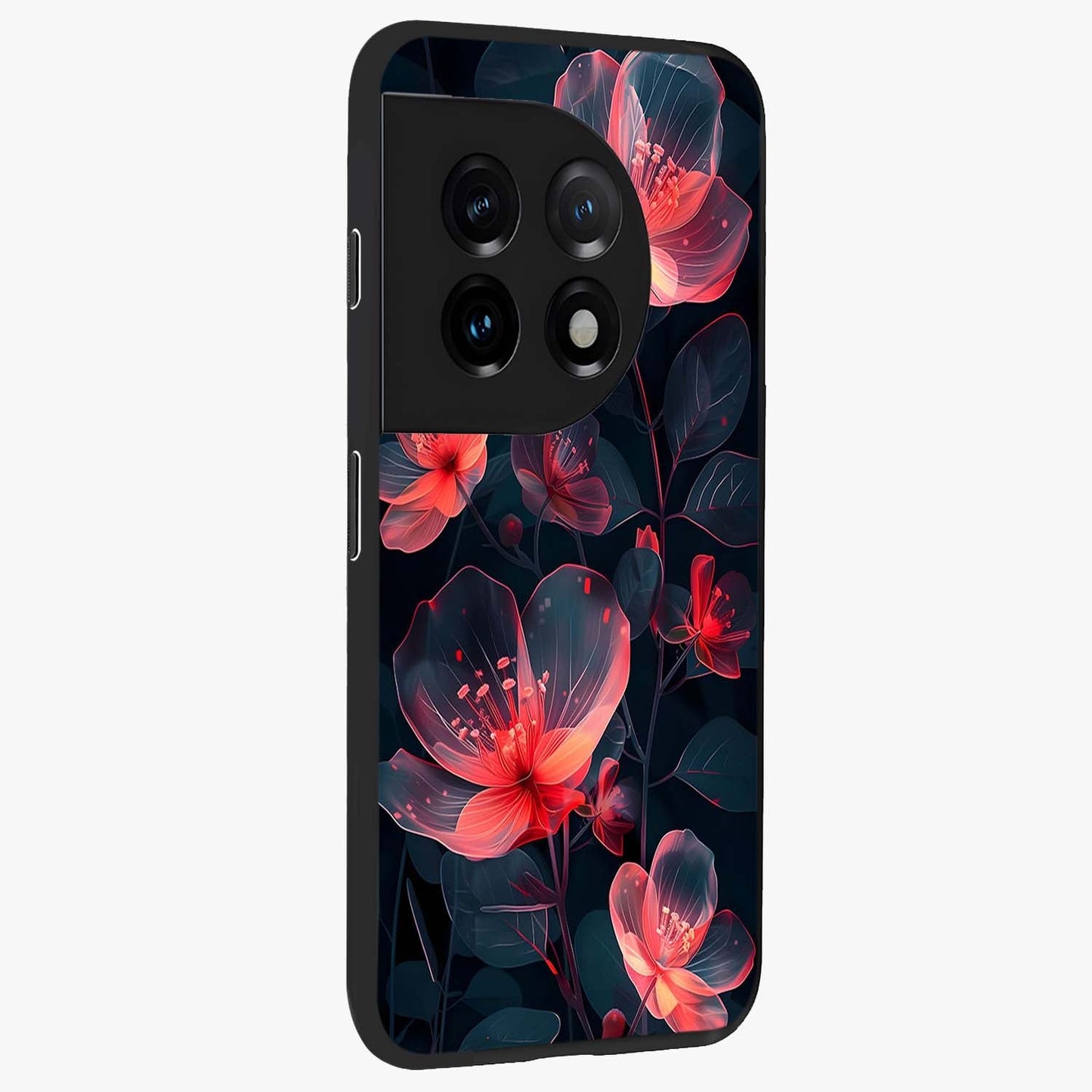 Dark Shade of Flower Glass Case for 1+11 side perspective highlighting elegant dark floral textures and sleek build
