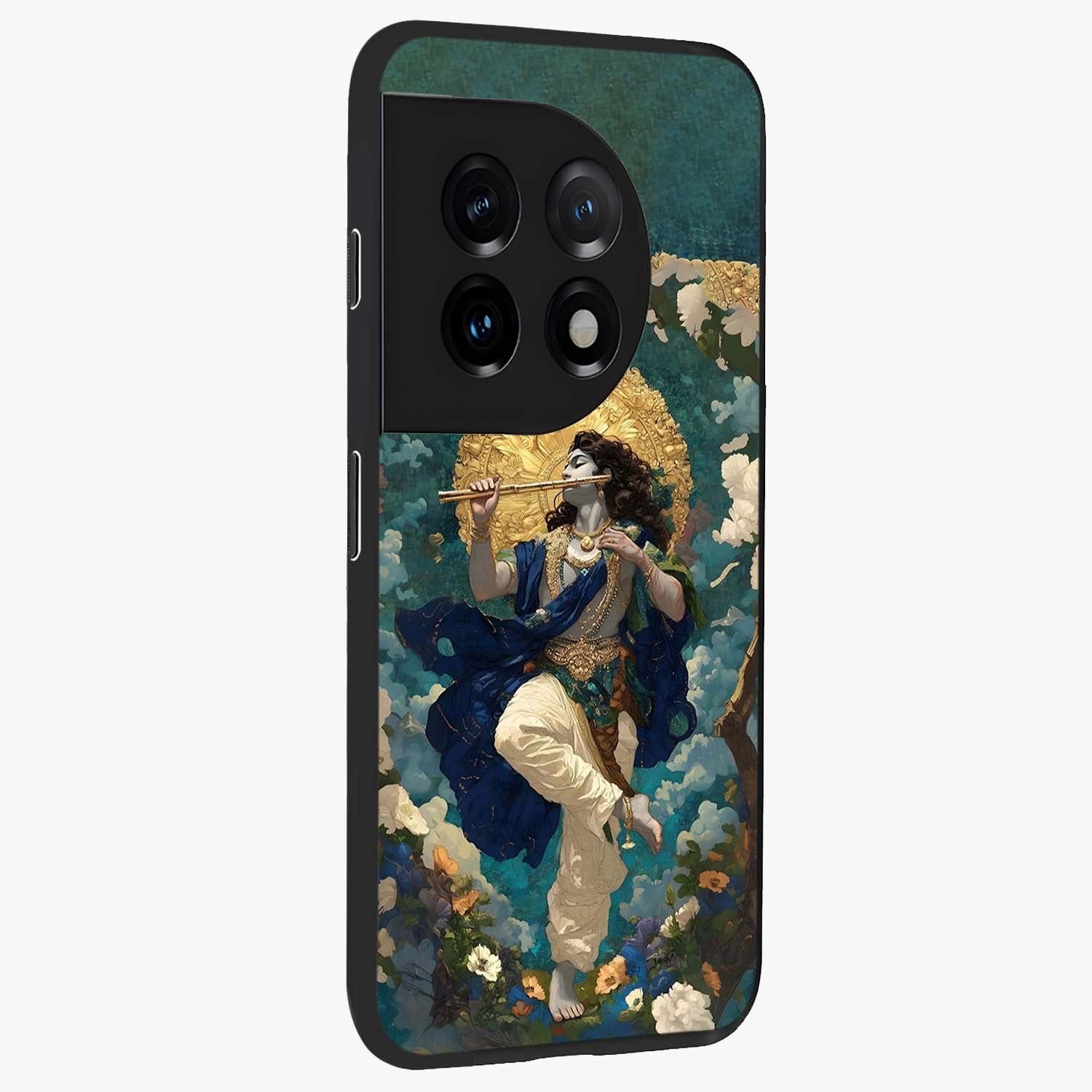 Divine Krishna Art Glass Case for 1+11 side perspective highlighting intricate divine illustration and premium edges