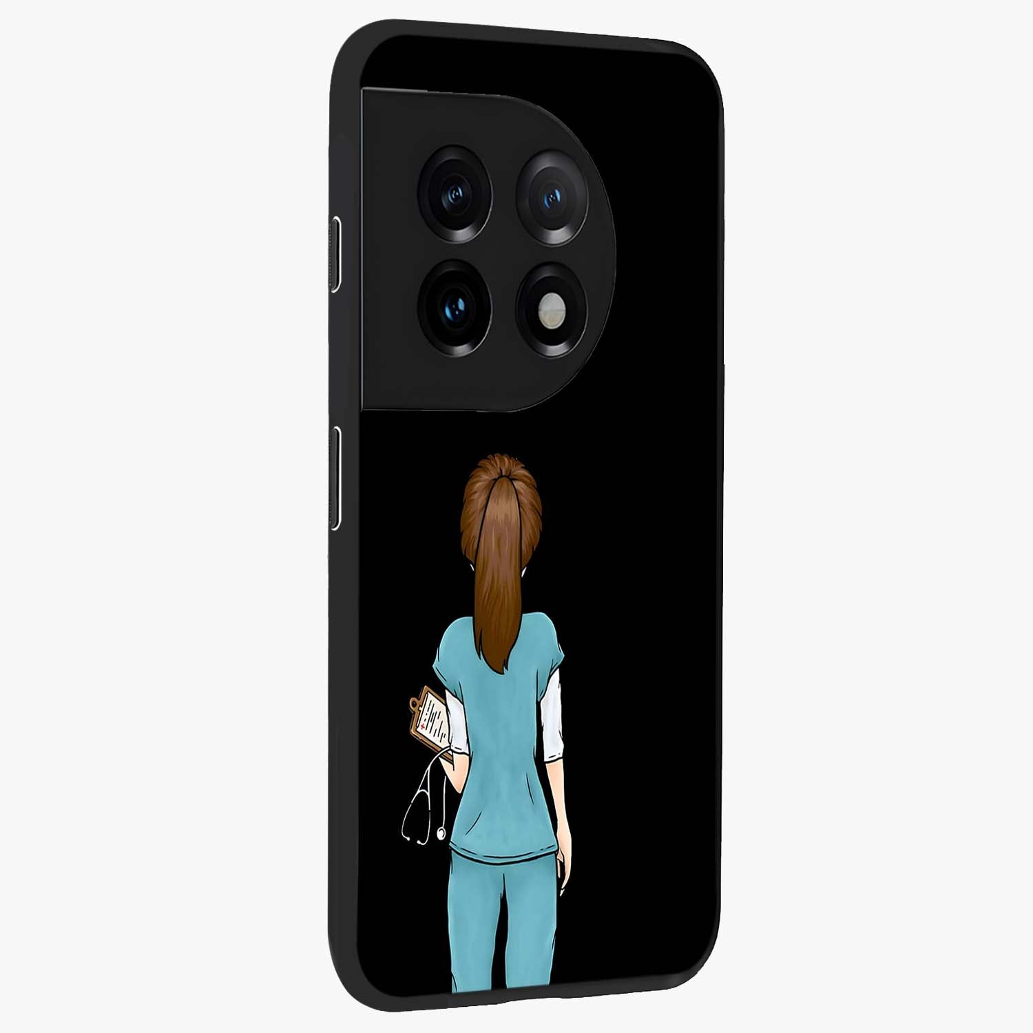 Doctor Pattern Custom Name Glass Case for 1+11 side perspective highlighting custom typography and smooth premium edges