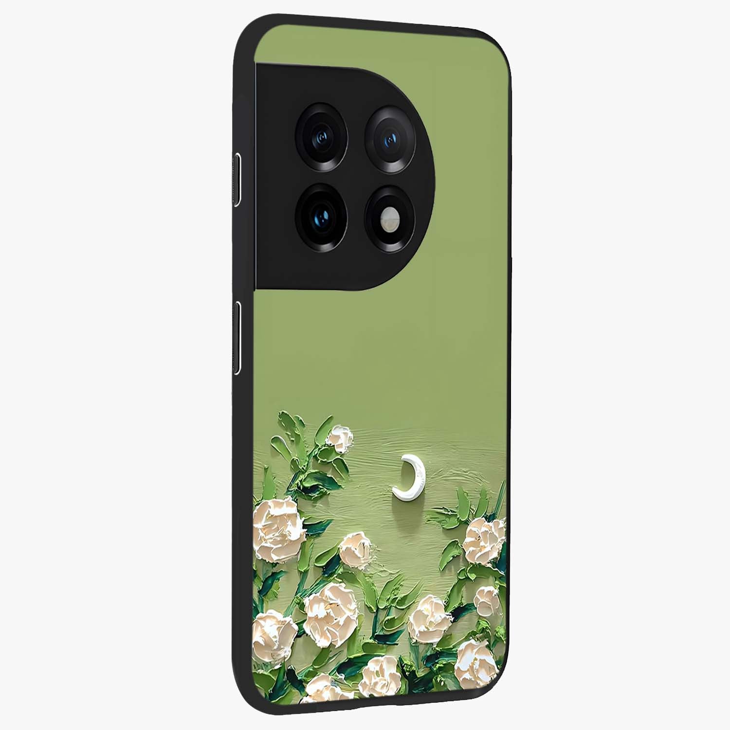 Emerald Bloom Calm Glass Case for 1+11 side perspective highlighting delicate bloom detailing and smooth edges