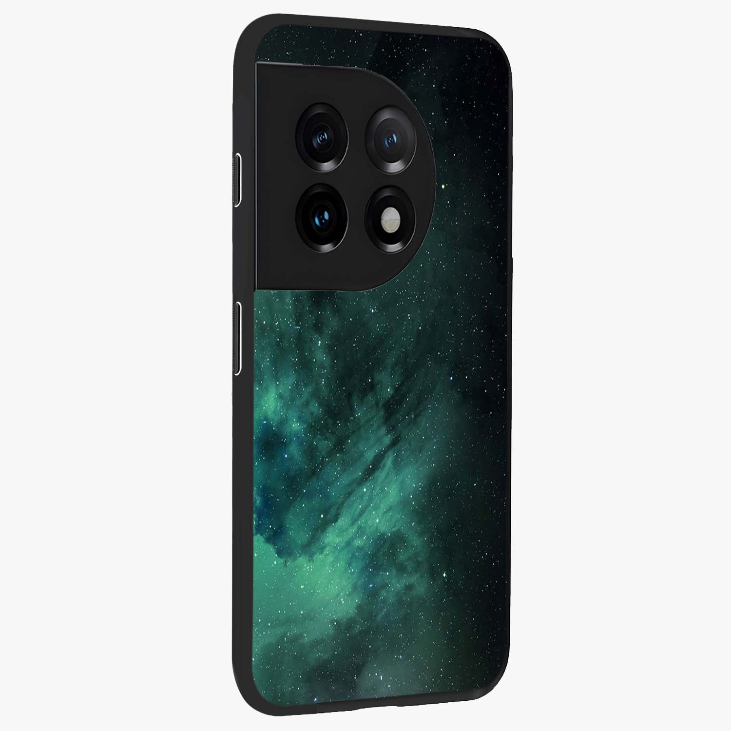 Emerald Green Space Glass Case for 1+11 side perspective highlighting luminous detailing and premium edge finish