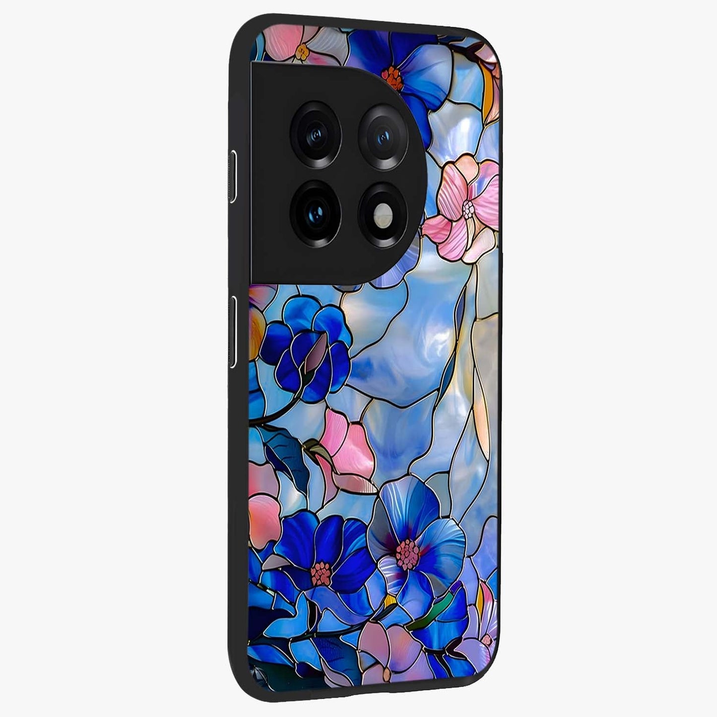 Eternal Floral Stained Glass Case for 1+11 side perspective highlighting colorful floral detailing and premium edge finish