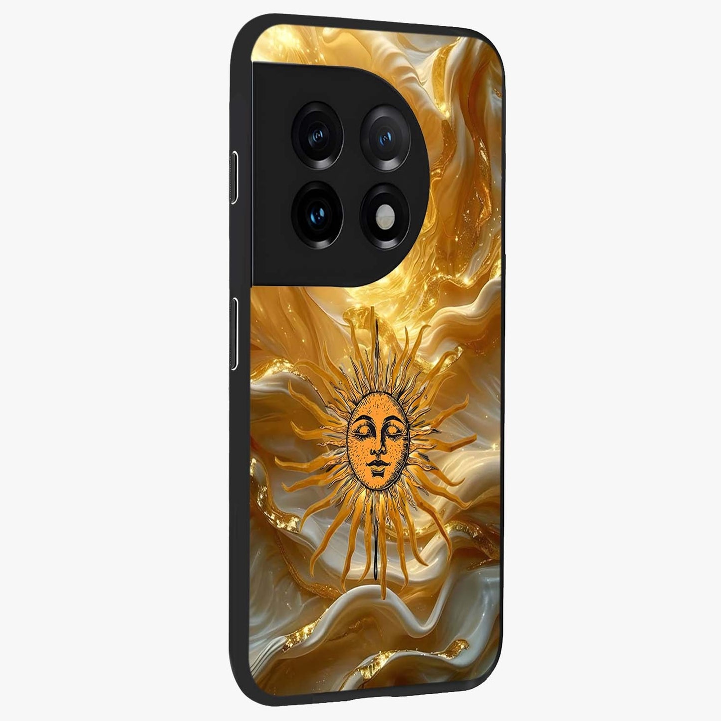 Eternal Golden Glow Glass Case for 1+11 side perspective highlighting rich glow detailing and premium edges