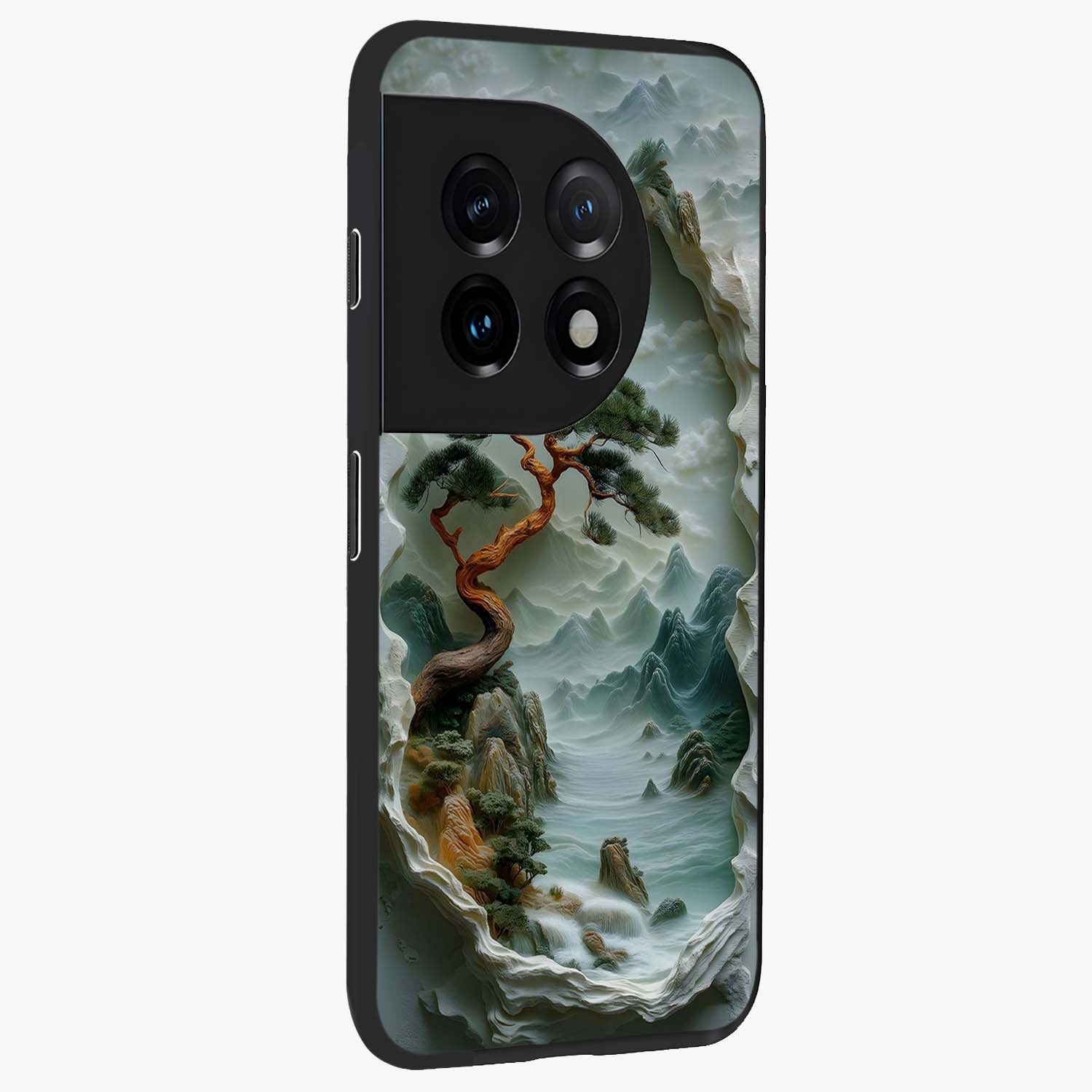Eternal Nature Spirit Glass Case for 1+11 side perspective highlighting organic textures and sleek build