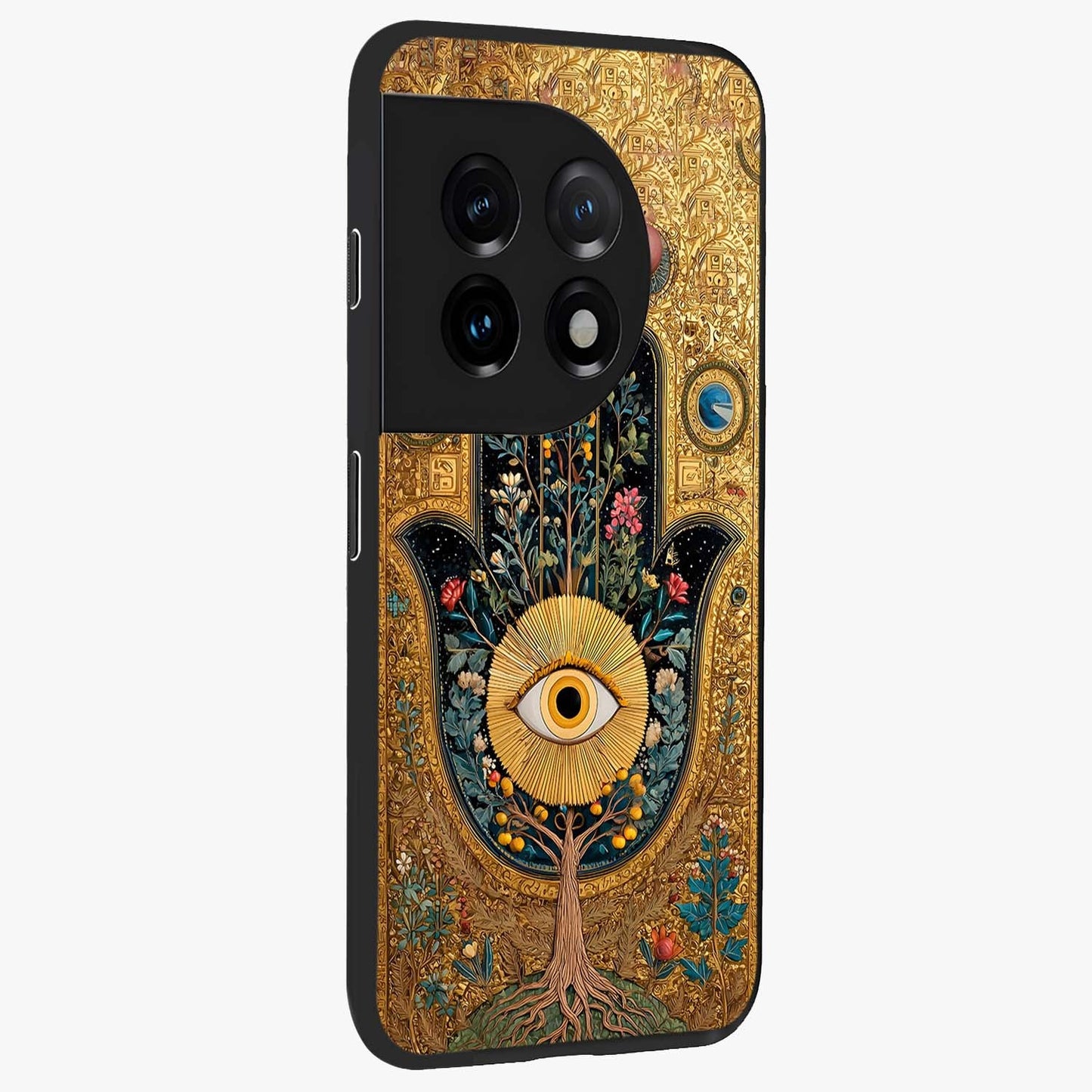 Ethereal Evil Eye Glass Case for 1+11 side perspective highlighting delicate protective detailing and smooth edges