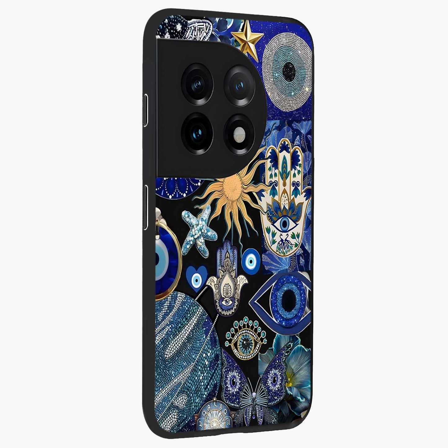 Evil Eye Charm Mix Glass Case for 1+11 side perspective highlighting intricate charm detailing and smooth build