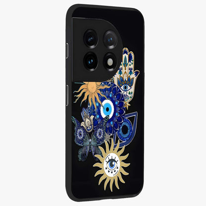 Evil Eye Charm Vibes Glass Case for 1+11 side perspective highlighting vibrant textures and premium edge finish