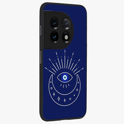 Evil Eye With Blue Themed Collage Glass Case for 1+11 side perspective highlighting bold collage detailing and smooth edges