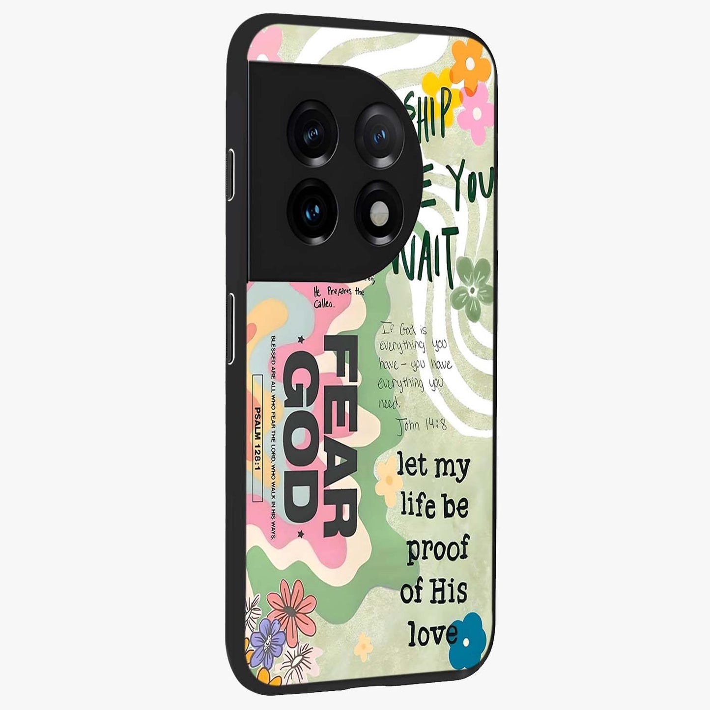 Faith Over Fear Glass Case for 1+11 side perspective highlighting powerful text detailing and premium edges