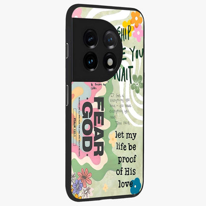 Faith Over Fear Glass Case for 1+11 side perspective highlighting powerful text detailing and premium edges