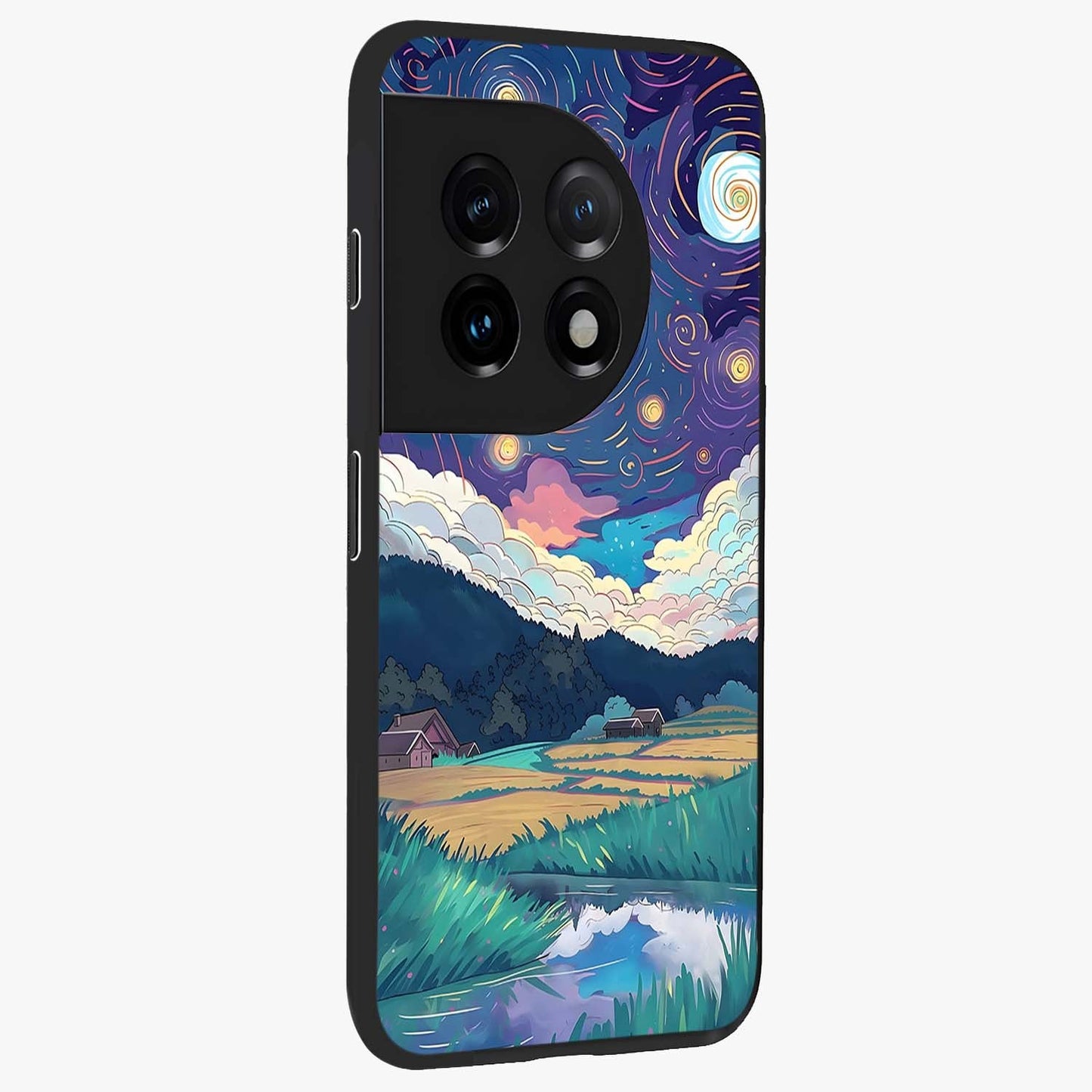 Fields Beneath the Cosmos Glass Case for 1+11 side perspective highlighting serene landscape textures and premium edges