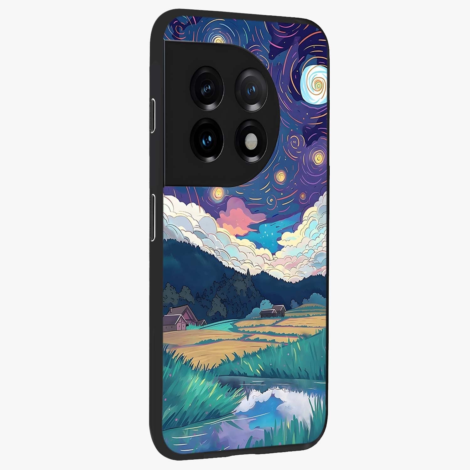 Fields Beneath the Cosmos Glass Case for 1+11 side perspective highlighting serene landscape textures and premium edges