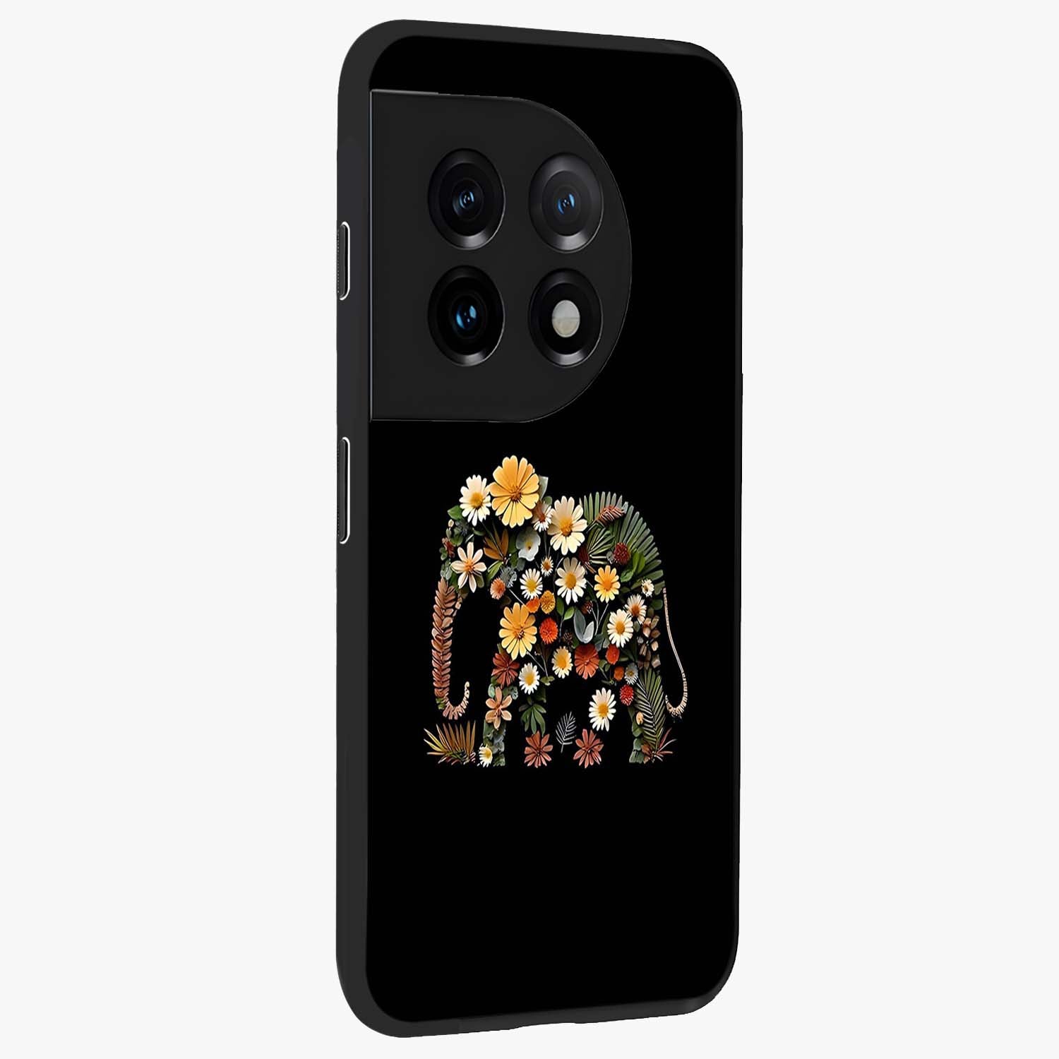 Floral Elephant Glass Case for 1+11 side perspective highlighting intricate artwork and smooth premium build