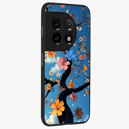 Floral Tree Glass Case for 1+11 side perspective highlighting vibrant floral patterns and sleek edges