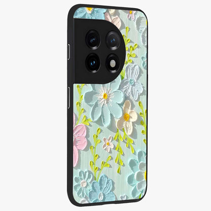 Frosted Petal Garden Glass Case for 1+11 side perspective highlighting subtle petal textures and sleek premium build