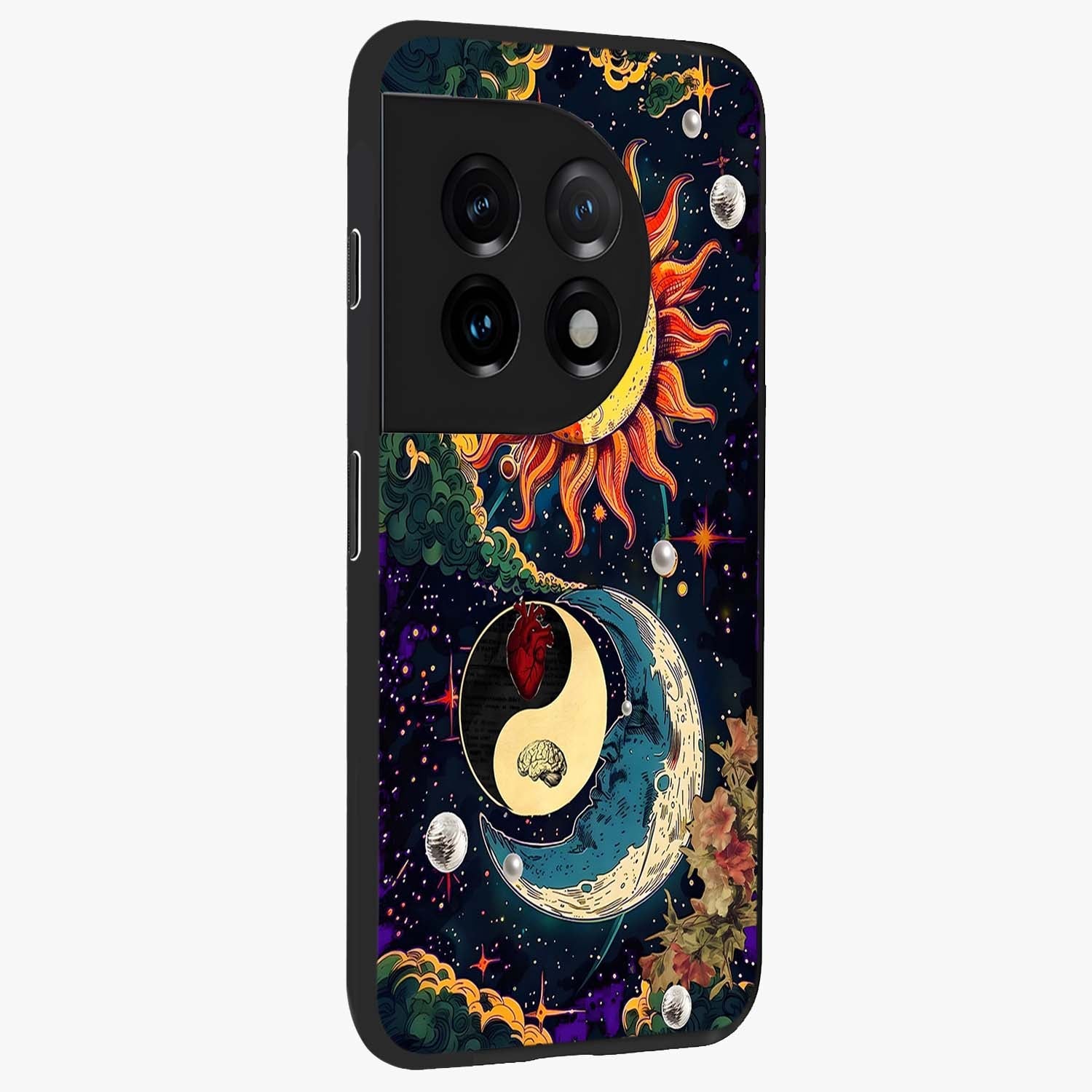 Future Universe Glass Case for 1+11 side perspective highlighting dynamic galaxy textures and premium edges