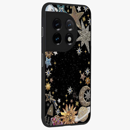 Galactic Jewel Stars Glass Case for 1+11 side perspective highlighting shimmering textures and premium edges