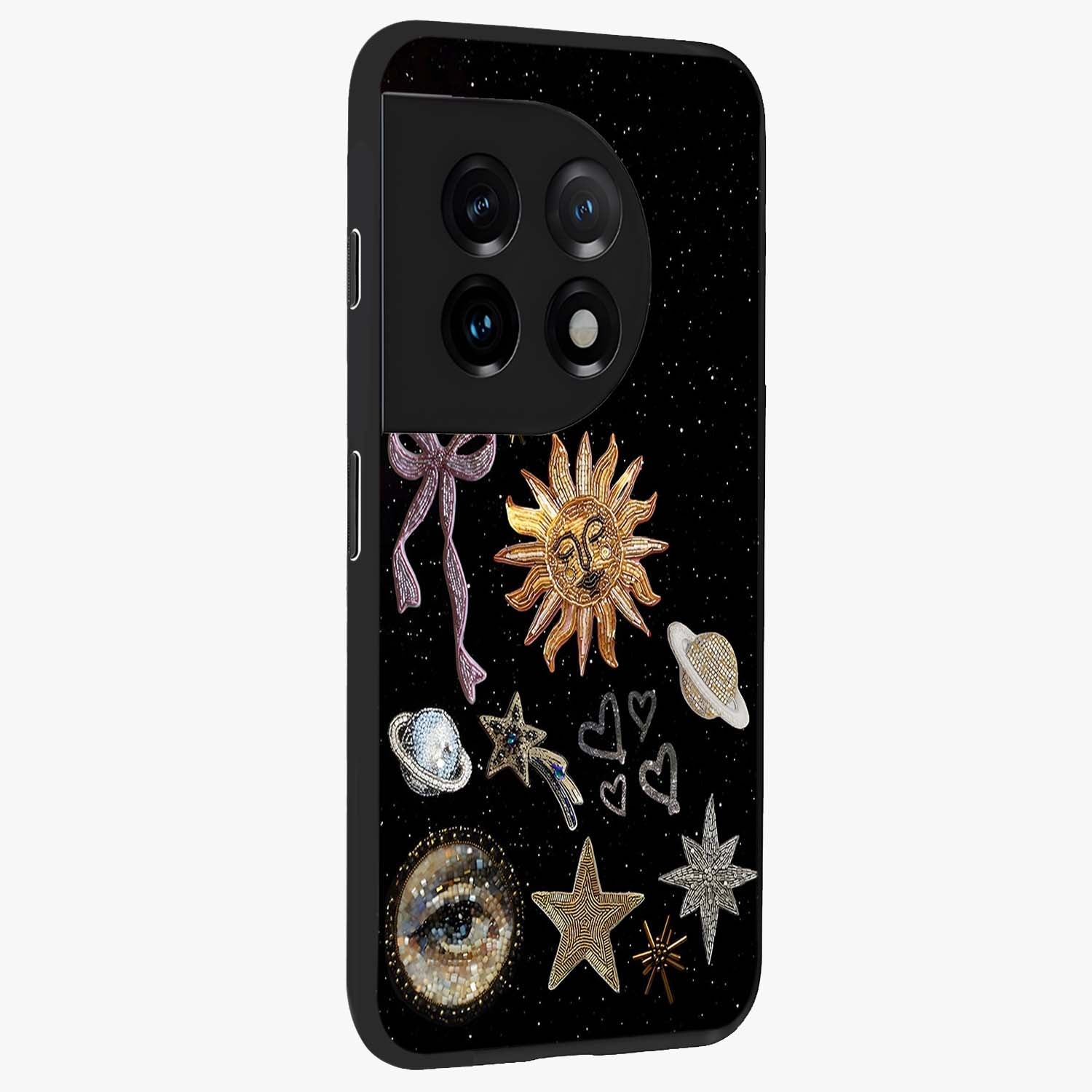 Galactic Sun Charm Glass Case for 1+11 side perspective highlighting glowing sun detailing and premium edge finish
