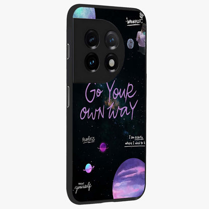 Galactic Vibes Universe Glass Case for 1+11 side perspective highlighting bold cosmic textures and sleek build