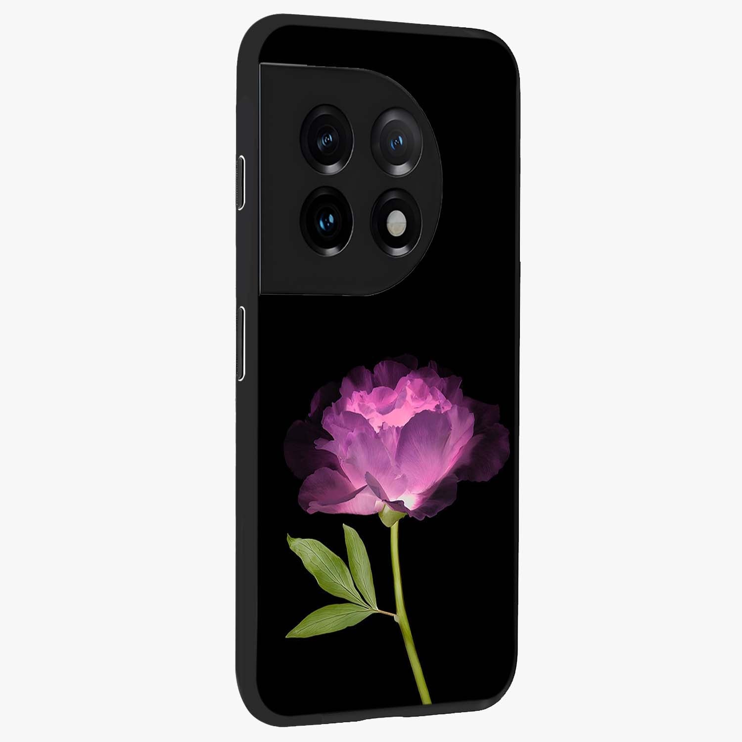 Glow Petal Bloom Glass Case for 1+11 side perspective highlighting glowing bloom textures and sleek edges
