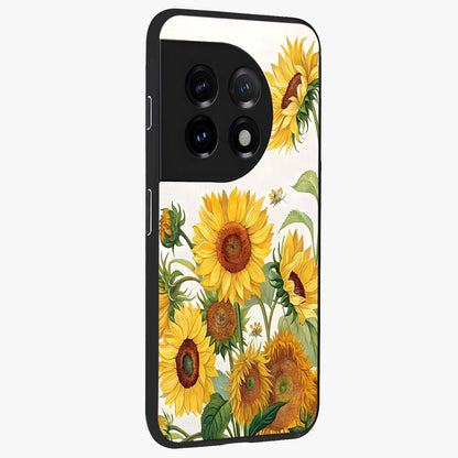 Golden Bloom Night Glass Case for 1+11 side perspective highlighting radiant bloom detailing and premium edges