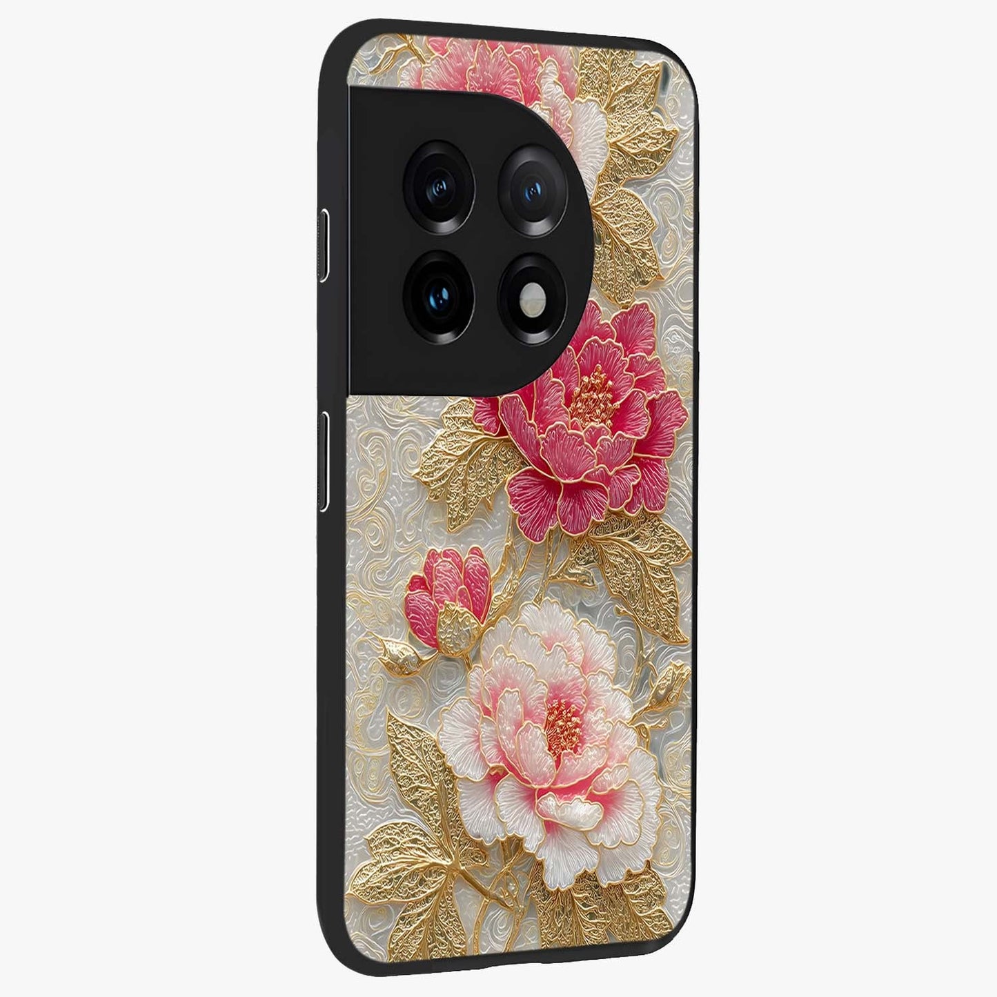 Golden Celestial Charm Glass Case for 1+11 side perspective highlighting luminous detailing and premium edge finish