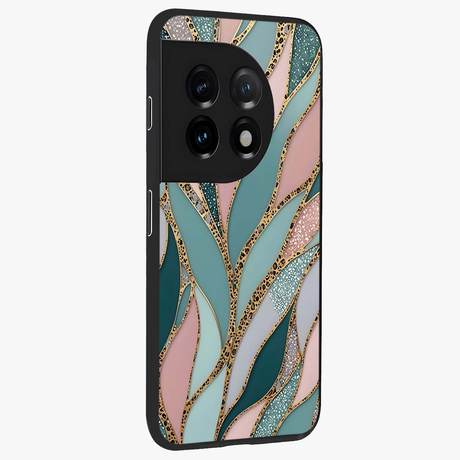 Golden Lotus Glow Glass Case for 1+11 side perspective highlighting intricate lotus detailing and premium edge finish