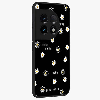 Good Vibes Daisy Black Pattern Glass Case for 1+11 side perspective highlighting playful daisy detailing and smooth edges