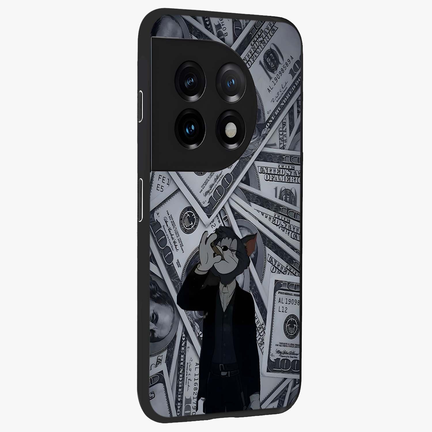 Greedy Fortune Cat Glass Case for 1+11 side perspective highlighting playful textures and smooth edges