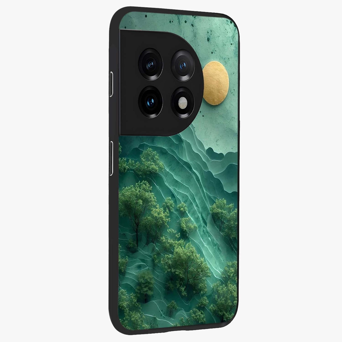 Green Hills With Sun Glass Case for 1+11 side perspective highlighting serene landscape textures and premium build