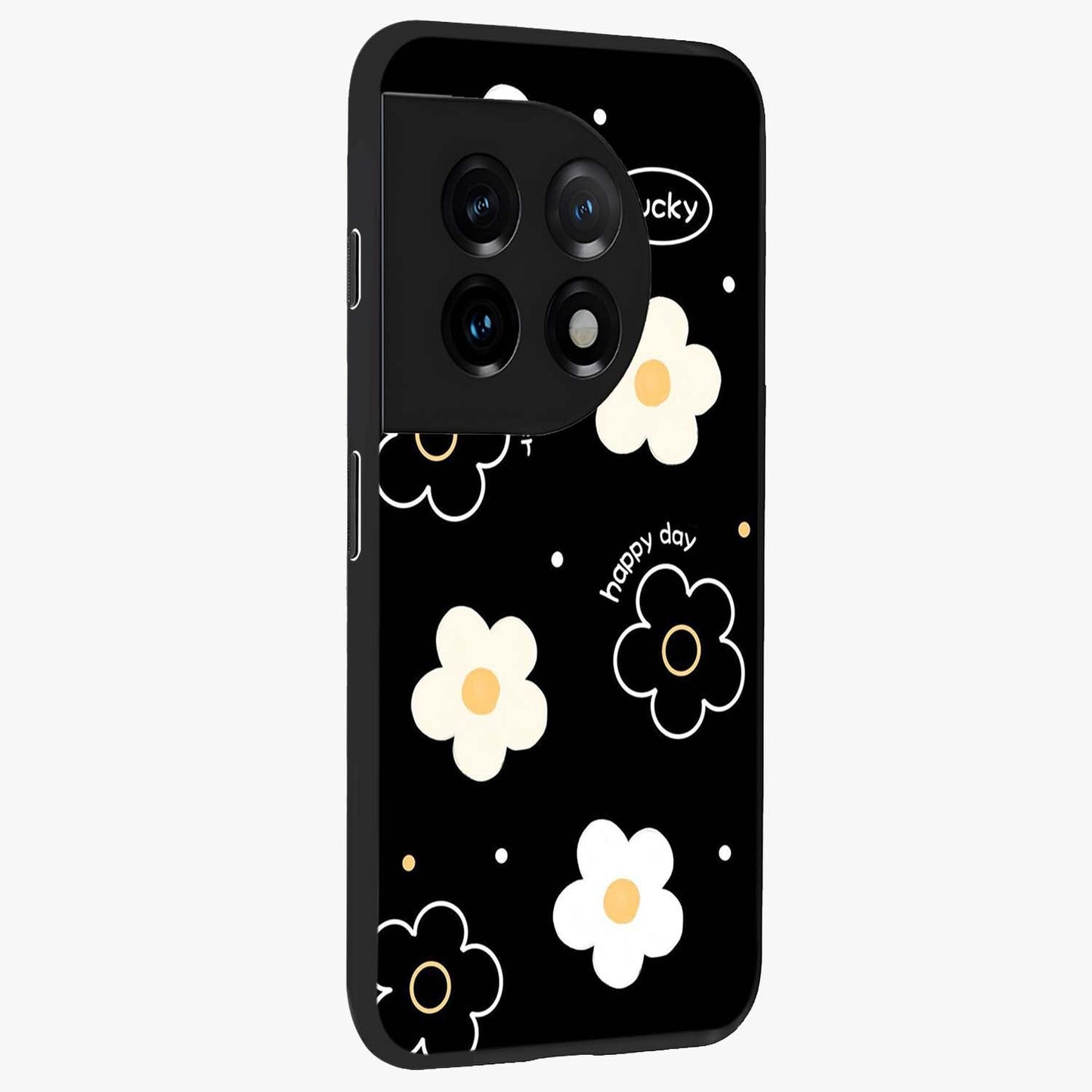 Happy Day Daisy Glass Case for 1+11 side perspective highlighting fresh floral textures and premium edges
