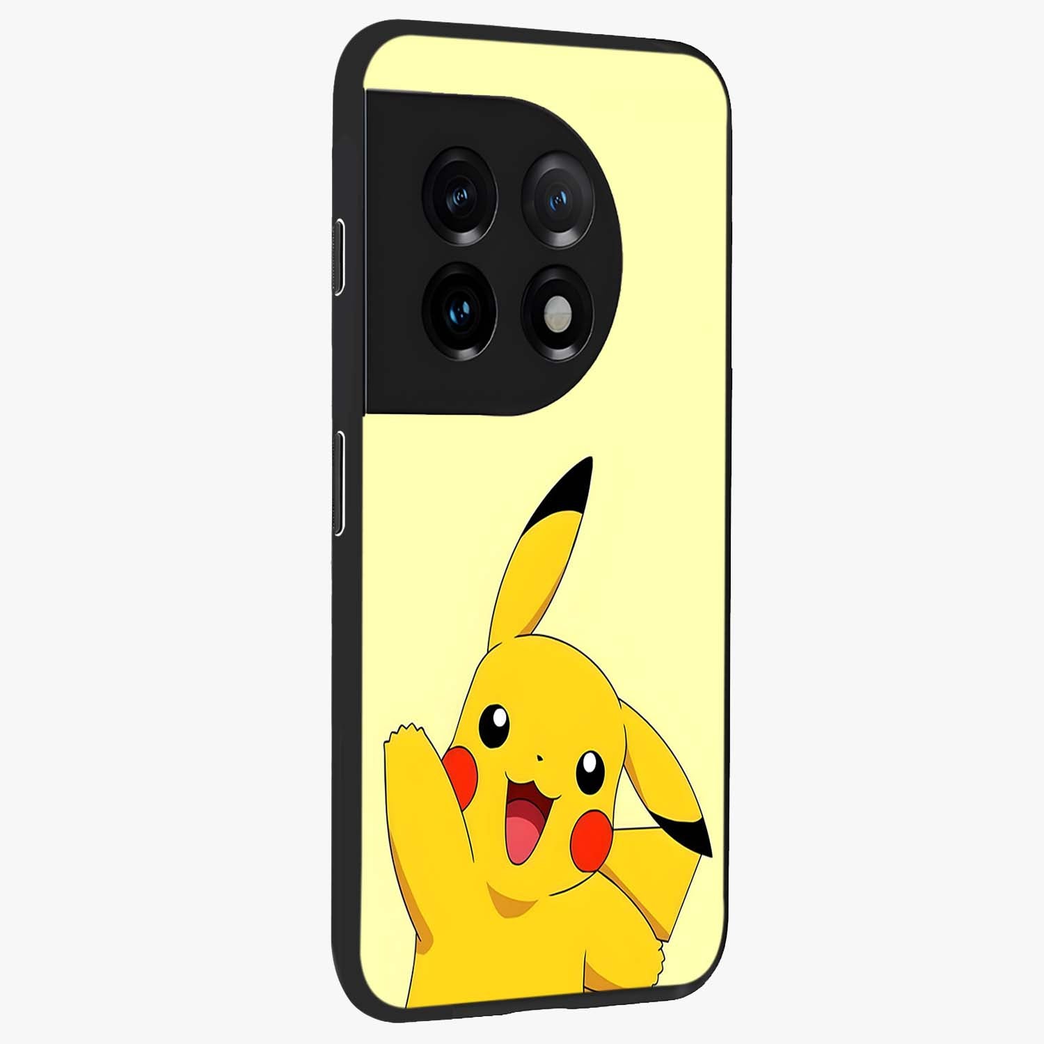 Happy Electric Pikachu Glass Case for 1+11 side perspective highlighting lively character detailing and sleek build