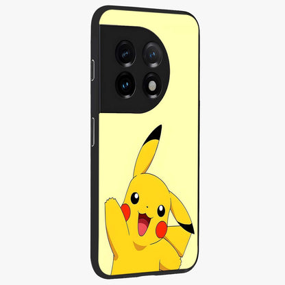 Happy Electric Pikachu Glass Case for 1+11 side perspective highlighting lively character detailing and sleek build