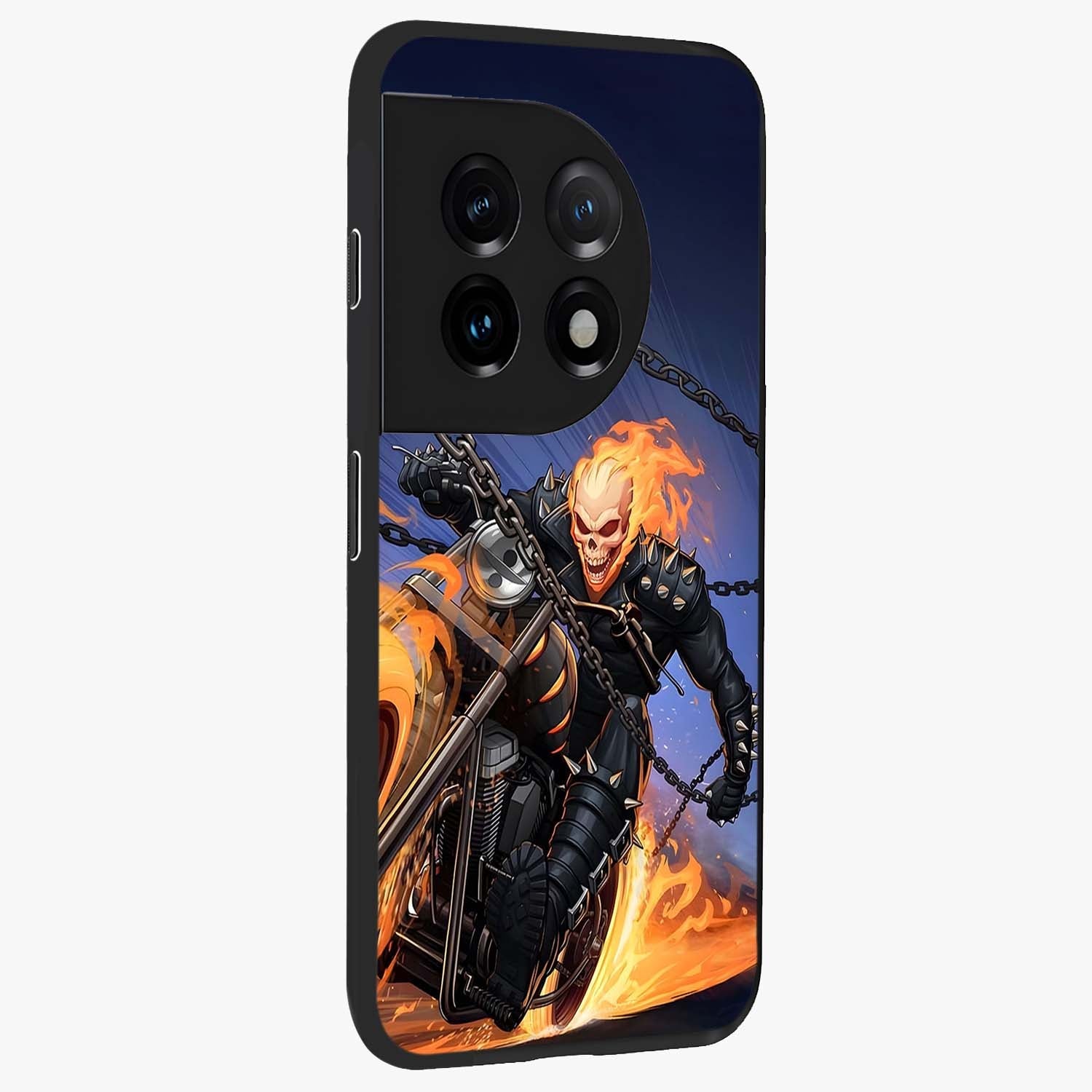 Inferno Chain Rider Glass Case for 1+11 displayed upright for bold action visibility and premium finish.