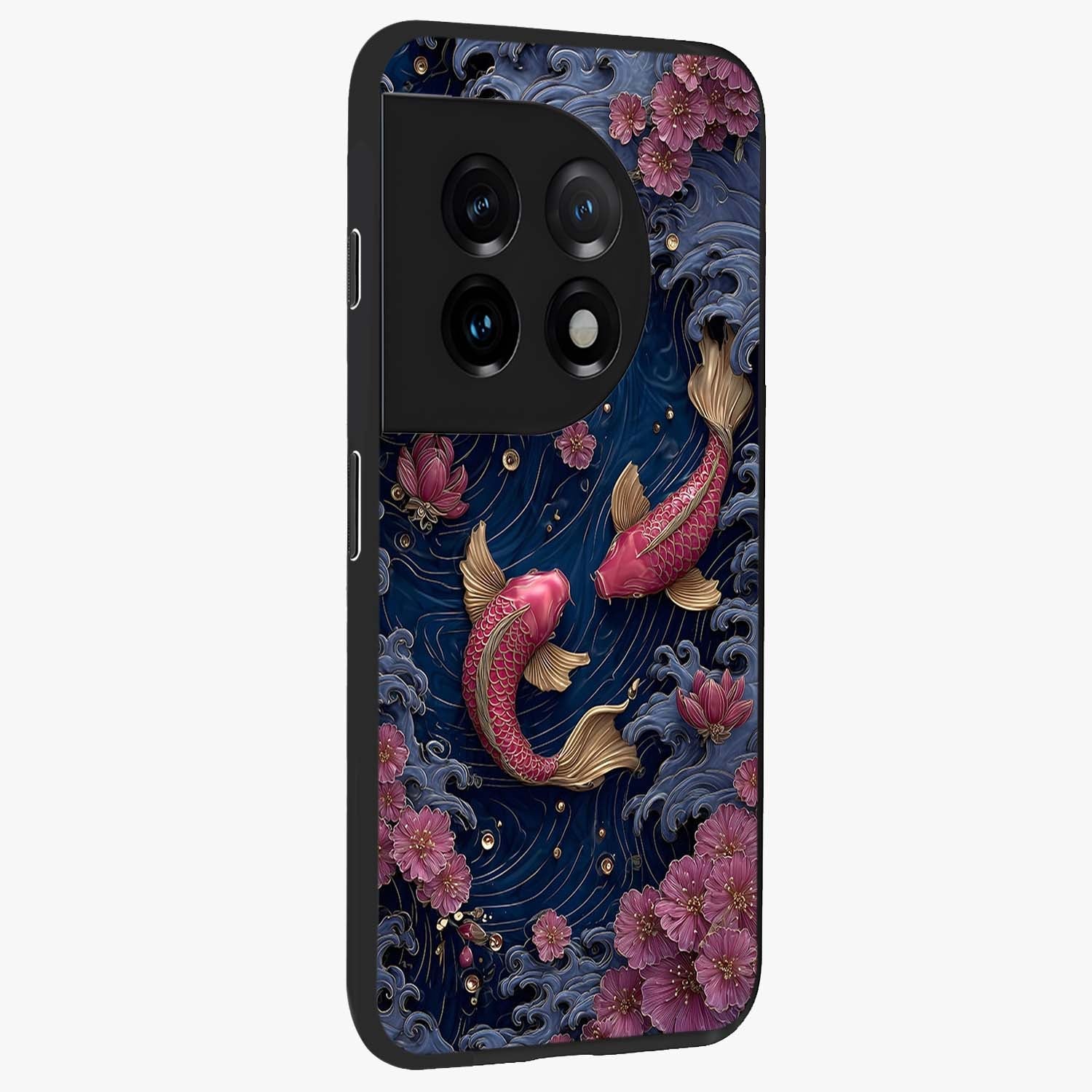 Koi Wave Dance Glass Case for 1+11 side perspective highlighting dynamic motion detailing and smooth build