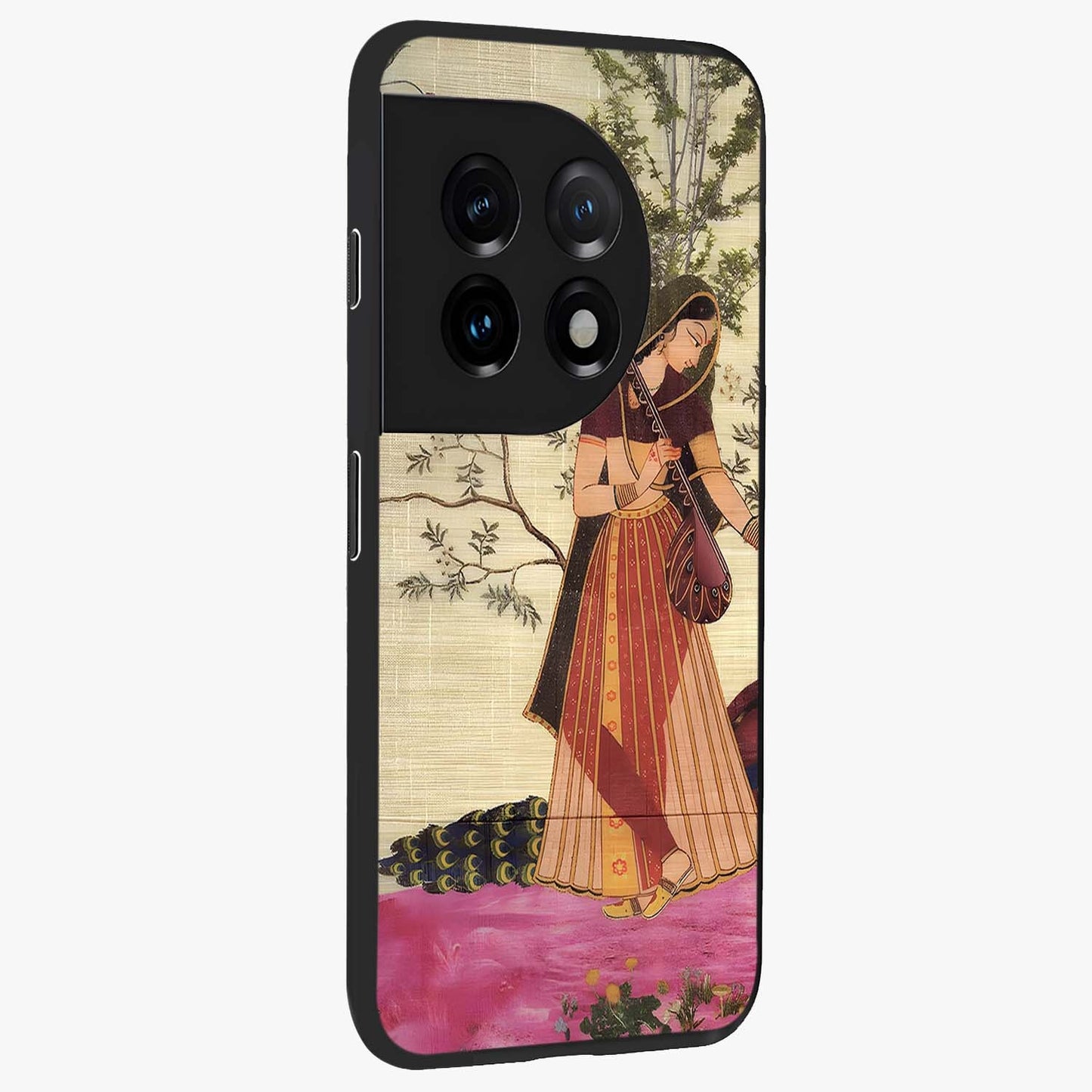 Lady With Veena Art Glass Case for 1+11 side perspective highlighting graceful illustration textures and sleek build