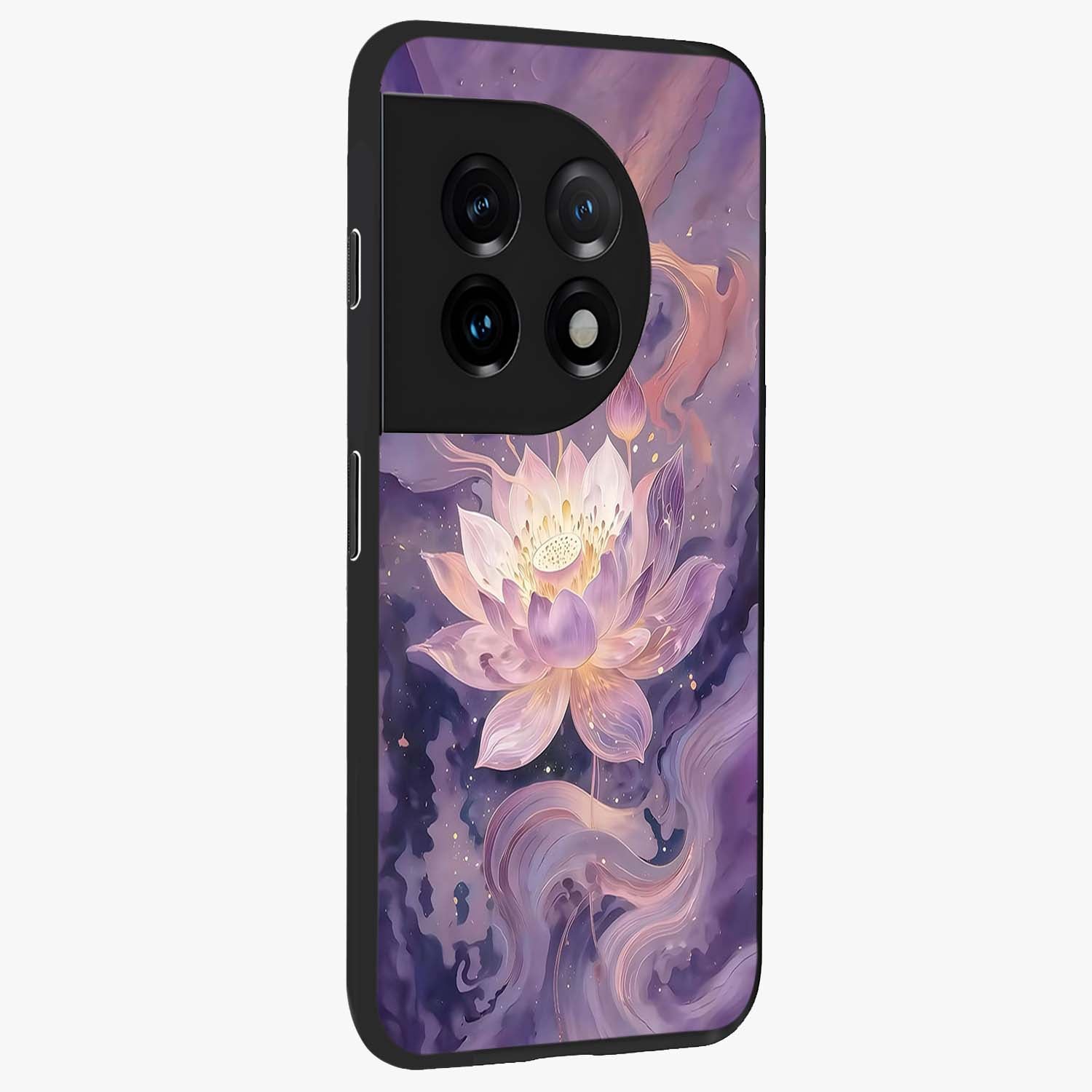 Lavender Lotus Muse Glass Case for 1+11 side perspective highlighting serene lotus textures and premium edges