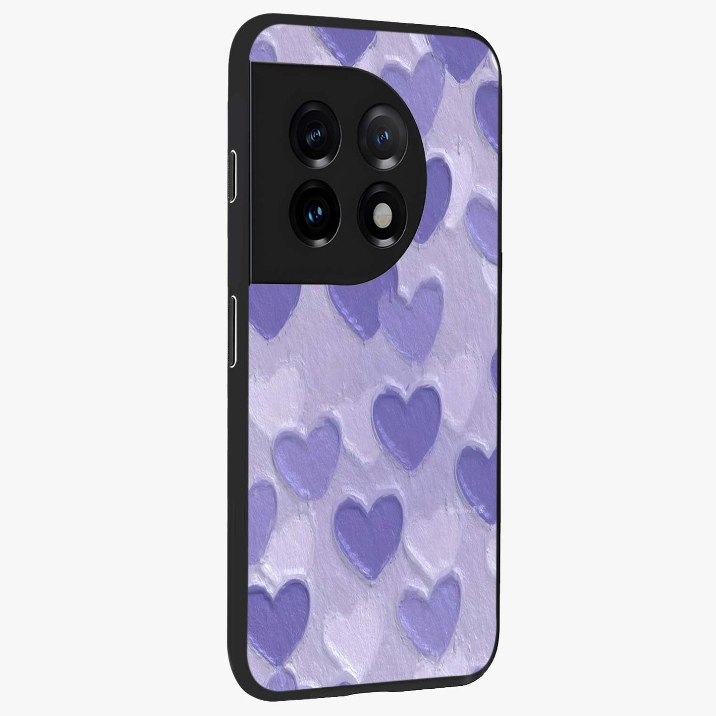 Lavender Paper Hearts Glass Case for 1+11 side perspective highlighting delicate heart textures and sleek build
