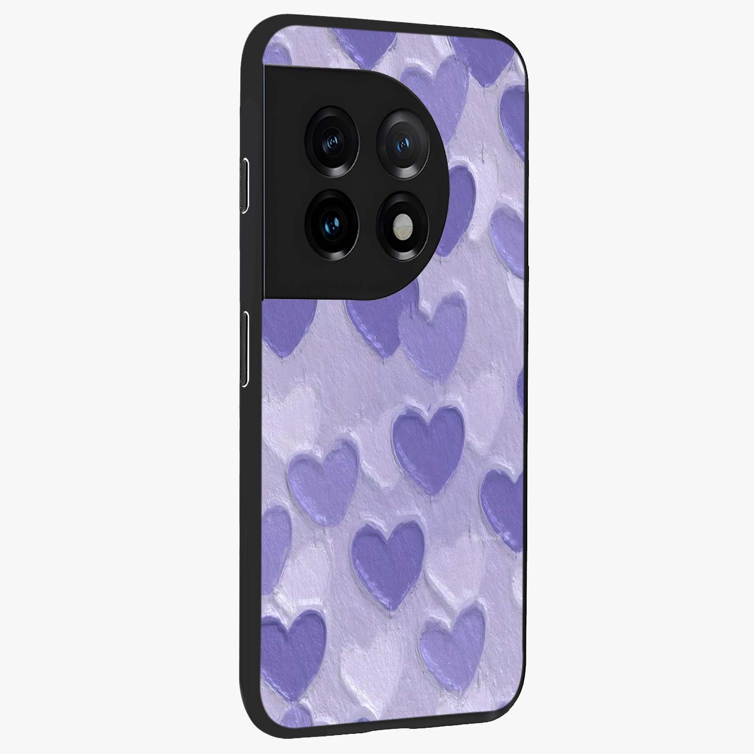 Lavender Paper Hearts Glass Case for 1+11 side perspective highlighting delicate heart textures and sleek build