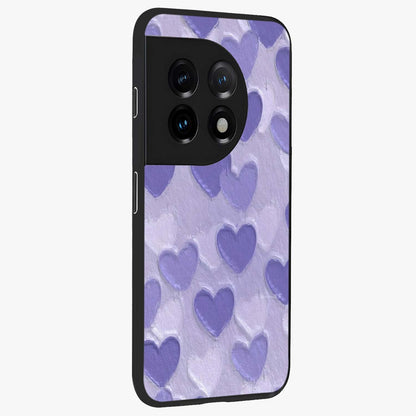 Lavender Paper Hearts Glass Case for 1+11 side perspective highlighting delicate heart textures and sleek build