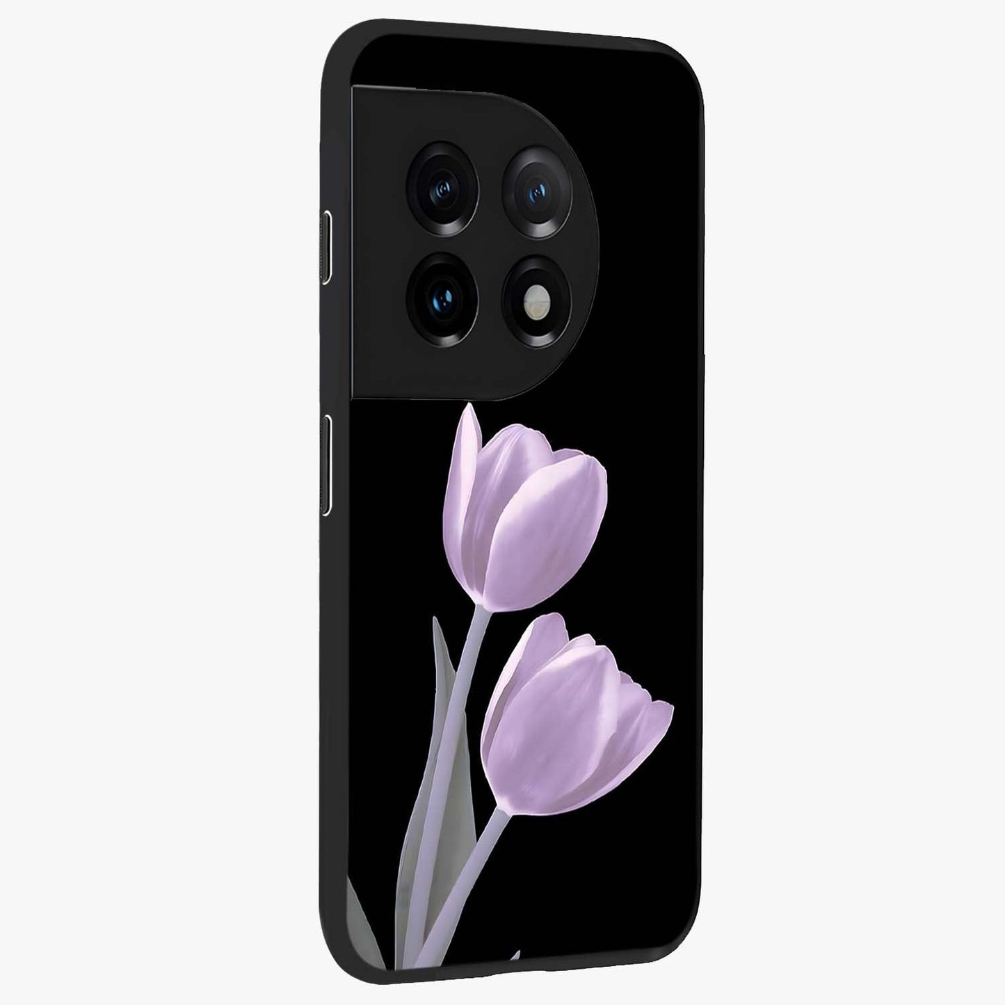 Lilac Tulip Flowers Glass Case for 1+11 side perspective highlighting refined floral textures and premium edges