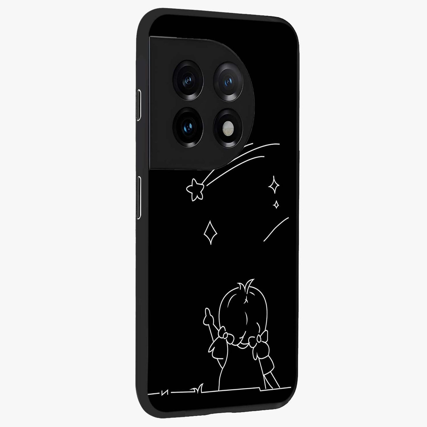 Line Art Girl With Shooting Stars Glass Case for 1+11 side perspective highlighting subtle star textures and premium build