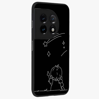 Line Art Girl With Shooting Stars Glass Case for 1+11 side perspective highlighting subtle star textures and premium build