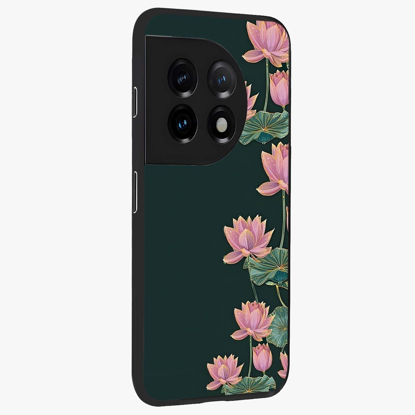 Lotus Bloom Serenity Glass Case for 1+11 side perspective highlighting delicate petal textures and premium edges
