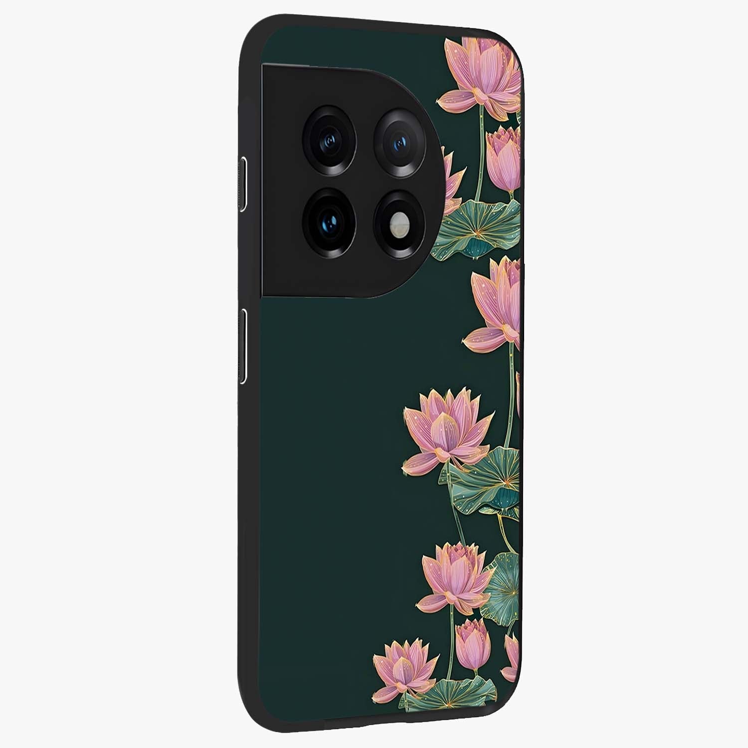 Lotus Bloom Serenity Glass Case for 1+11 side perspective highlighting delicate petal textures and premium edges