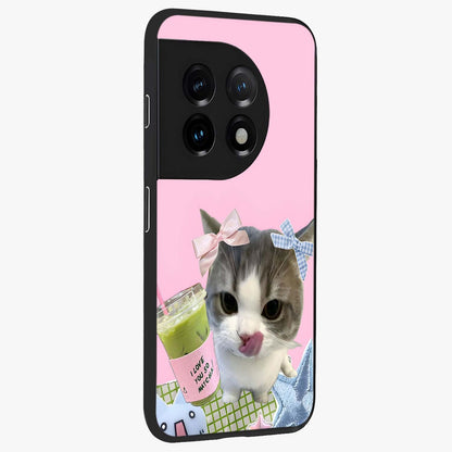 Love Matcha Cat Glass Case for 1+11 side perspective highlighting charming feline textures and smooth edges