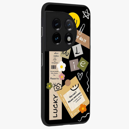 Lucky Aesthetic Collage Case Glass Case for 1+11 side perspective highlighting playful detailing and sleek edges