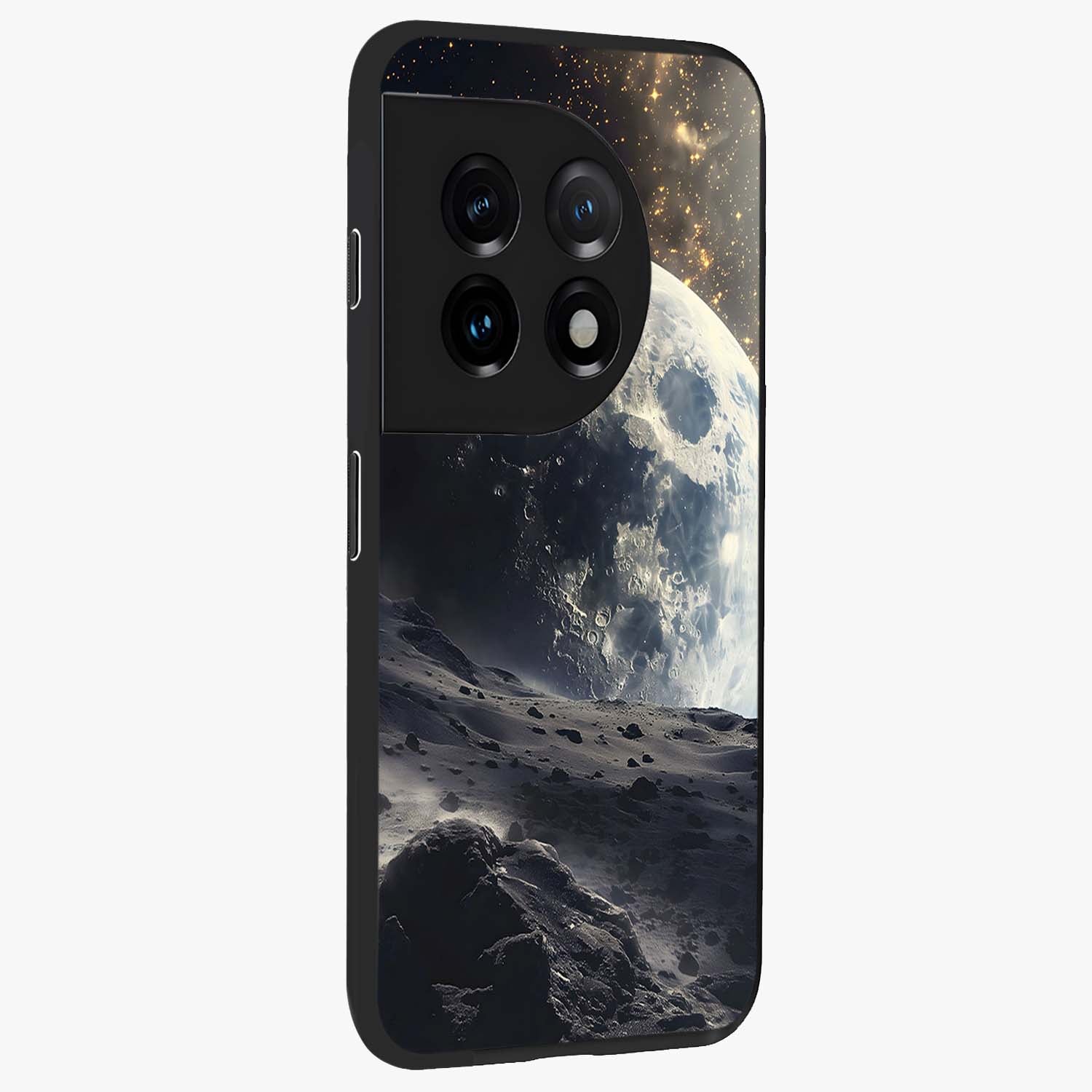 Lunar Horizon Glow Glass Case for 1+11 side perspective highlighting smooth gradient textures and premium edges