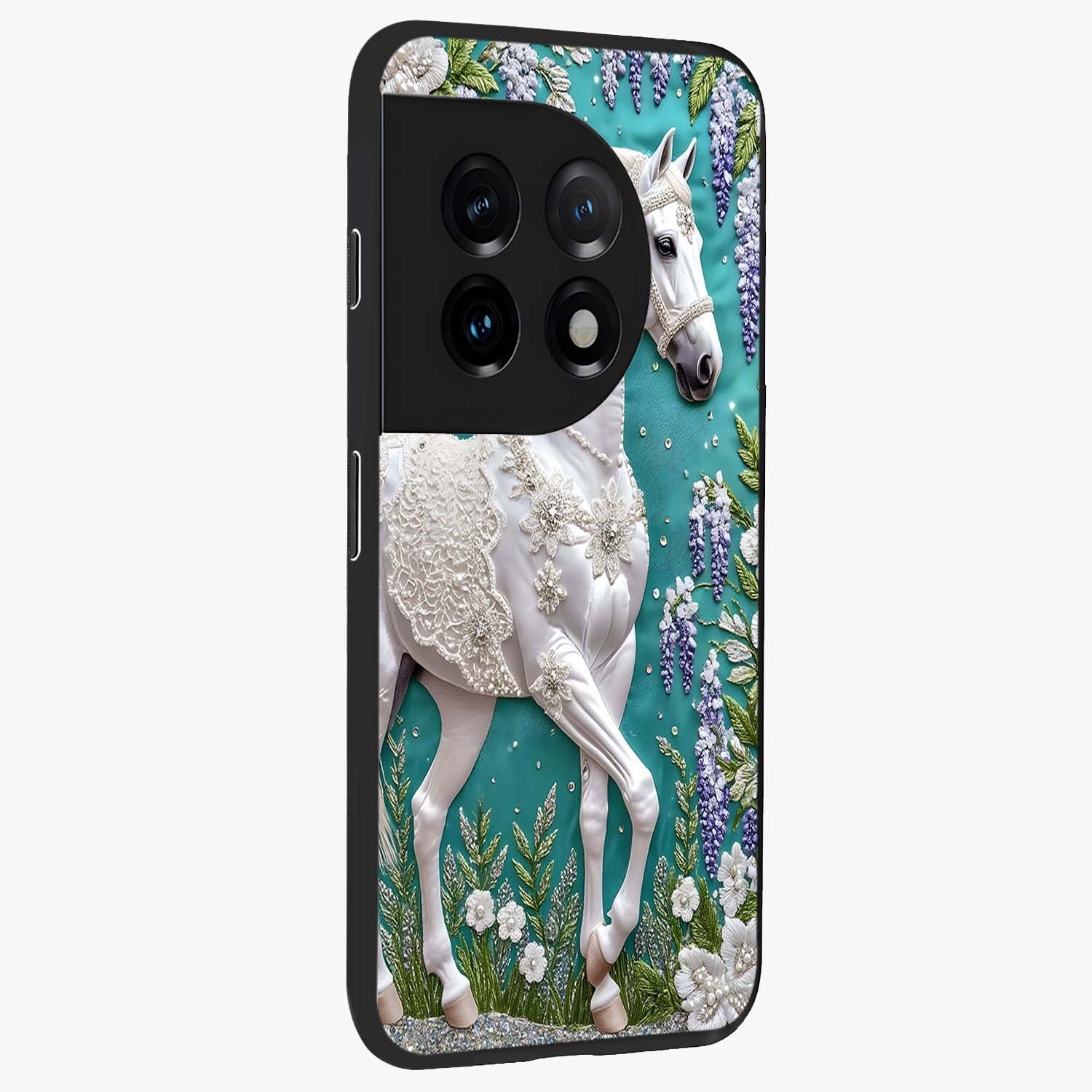 Majestic Floral Stallion Glass Case for 1+11 side perspective highlighting refined equestrian textures and premium edges