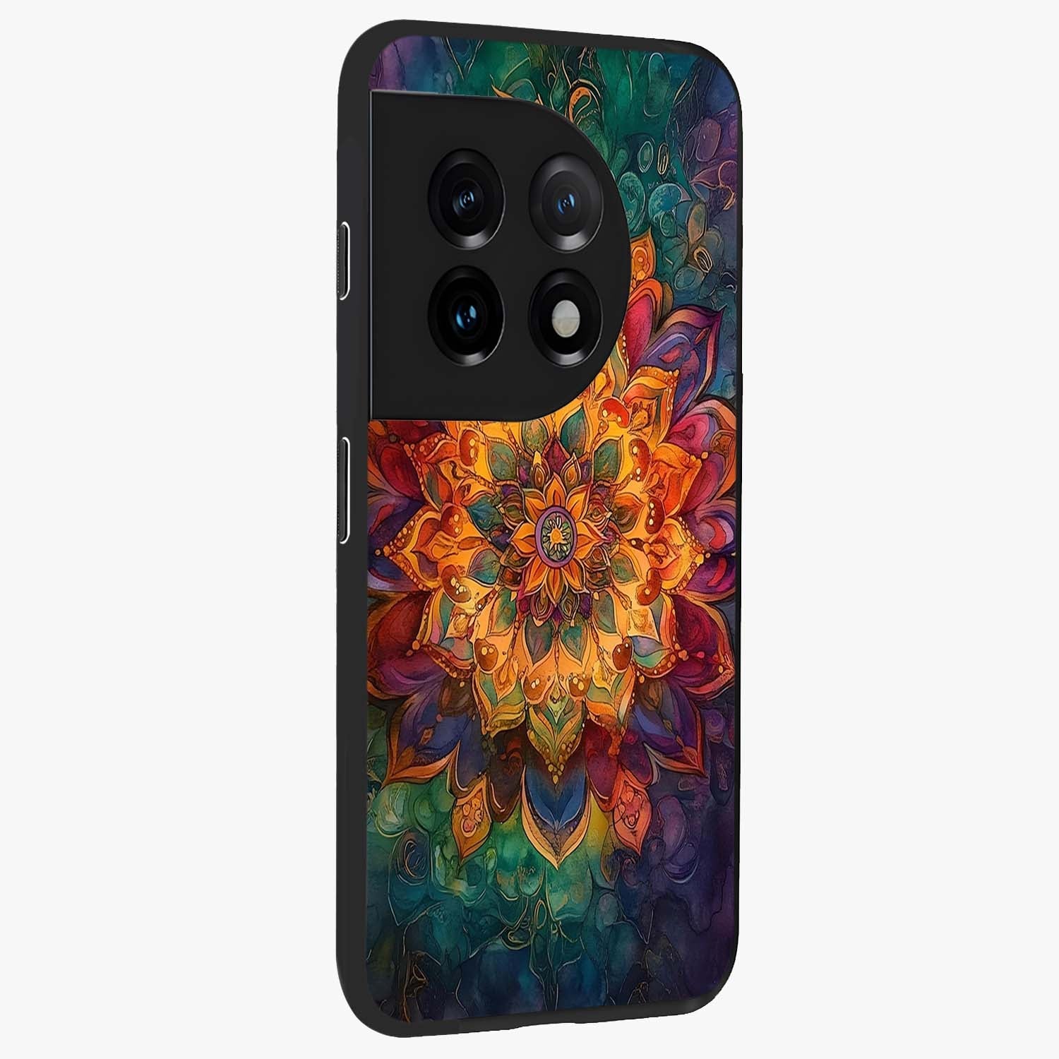Mandala Vibrants Glass Case for 1+11 side perspective highlighting vibrant ornamental textures and premium edges